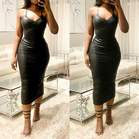 Black Longline Faux Leather Midi Dress - Picture 2 of 5